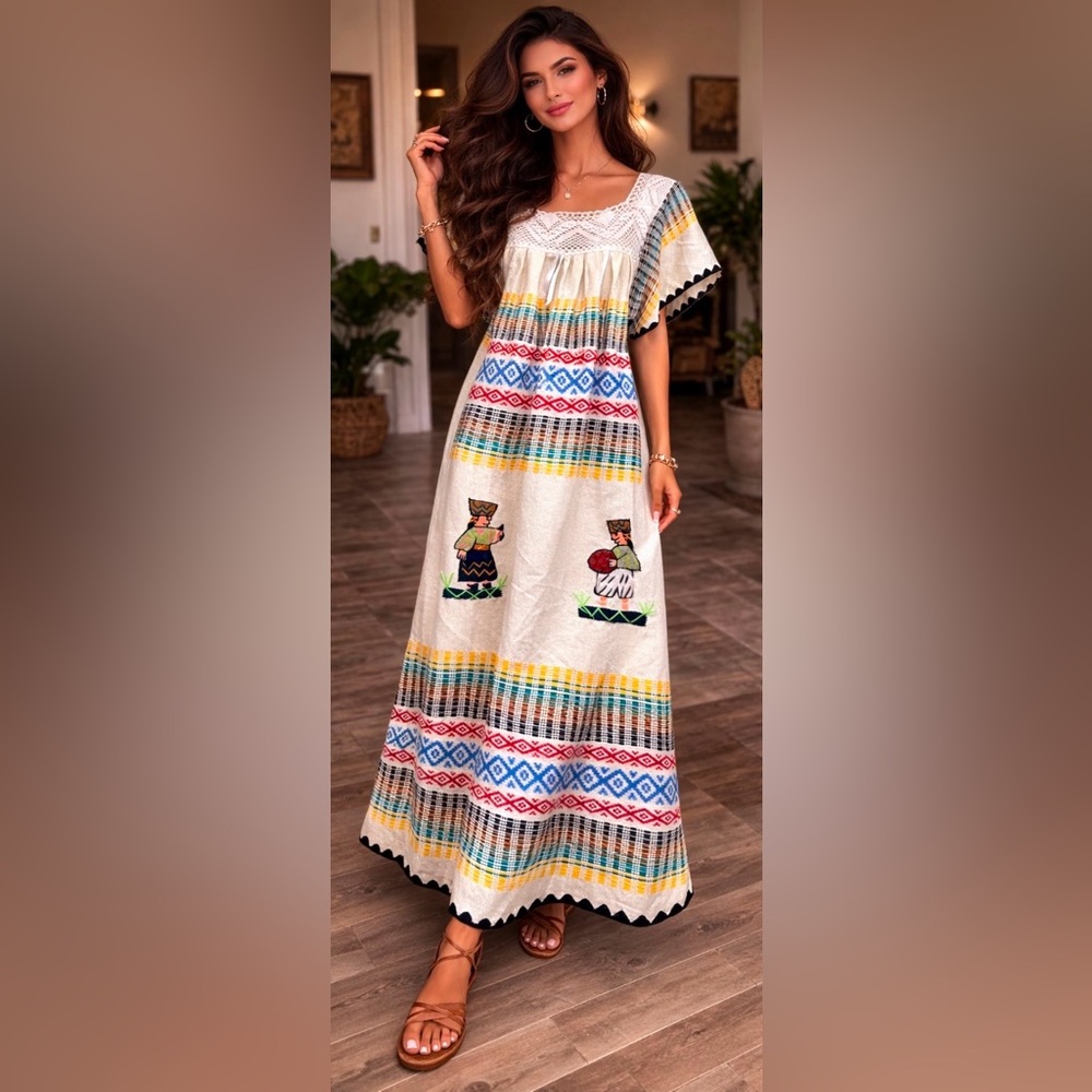 Vintage Mexican Oaxacan Kimono Kaftan Knit Lace Embroidered Boho Maxi Dress